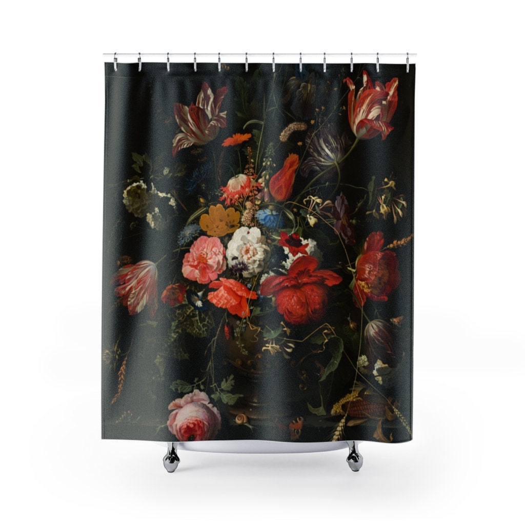 Black Shower Curtain, Black Bathroom, Flower Bathroom, Vintage Bathroom, Flower Shower Curtain, Art Shower Curtain, Bathroom Curtain
