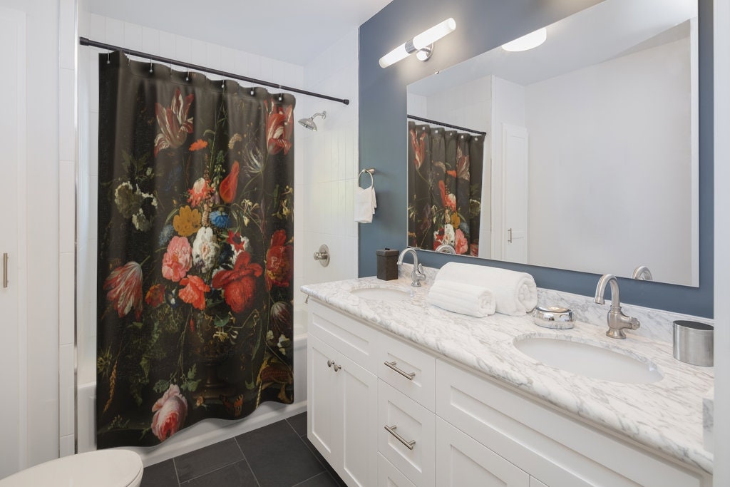 Black Shower Curtain, Black Bathroom, Flower Bathroom, Vintage Bathroom, Flower Shower Curtain, Art Shower Curtain, Bathroom Curtain