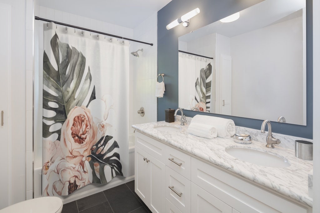 Plant Shower Curtain, Monstera Decor, Watercolor Plant, Botanical Bathroom, Rose Shower Curtain, Tropical Bathroom, Boho Shower Curtain