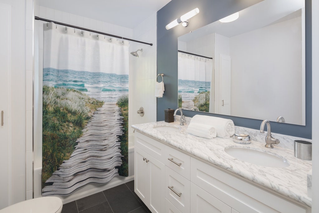 Beach Shower Curtain, Ocean Shower Curtain, Ocean Boardwalk, Nautical Decor, Coastal Decor, Blue Shower Curtain, Beach Decor, Ocean Decor