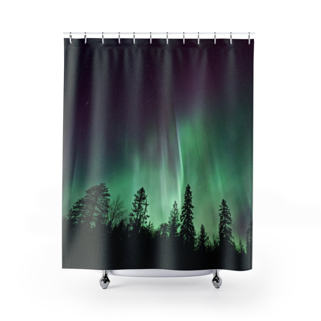 Northern Lights, Aurora Borealis, Nature Bathroom, Night Sky Shower Curtain, Forest Bathroom, Tree Shower Curtain, Green Shower Curtain