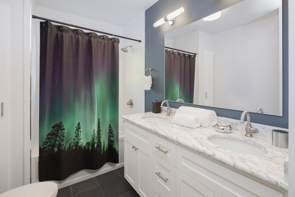 Northern Lights, Aurora Borealis, Nature Bathroom, Night Sky Shower Curtain, Forest Bathroom, Tree Shower Curtain, Green Shower Curtain