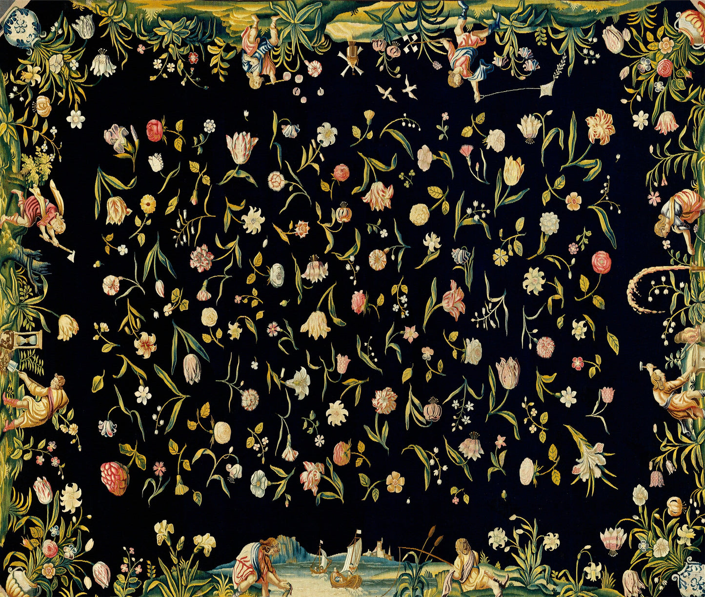 Black Vintage Floral Wall Tapestry