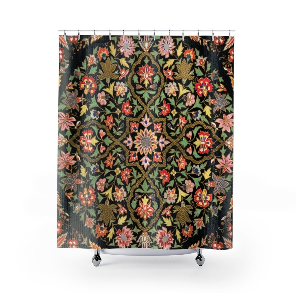 Black Shower Curtain, Floral Shower Curtain, Floral Mandala, Boho Shower Curtain, Boho Bathroom, Black Bohemian, Indian Decor, Flower Decor