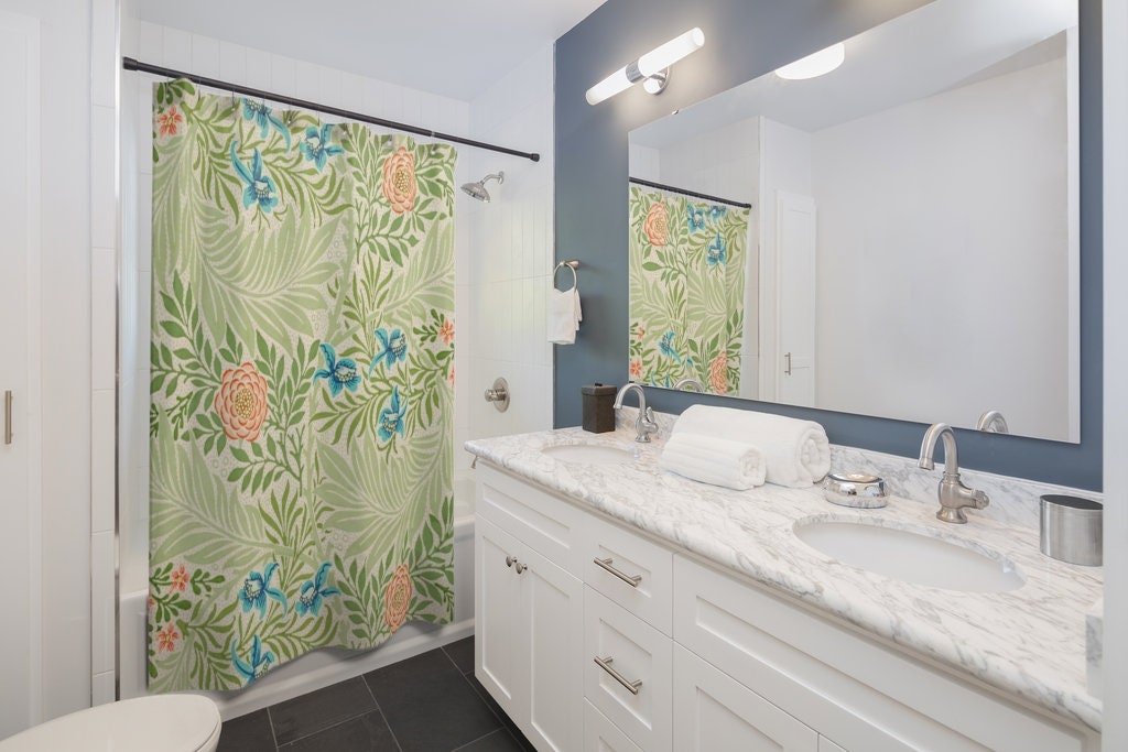 Green Shower Curtain, Art Nouveau Bathroom, William Morris Decor, William Morris Art, Green Bathroom, Floral Curtain, Plant Shower Curtain