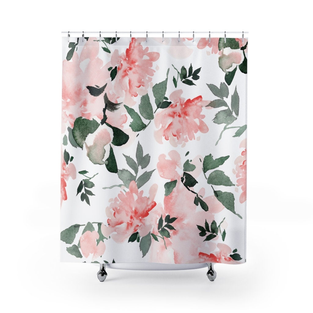 Pink Shower Curtain, Watercolor Flower, Pink Bathroom, Floral Bathroom, Pink Floral, Botanical Bathroom, Plant Shower Curtain, Floral Shower