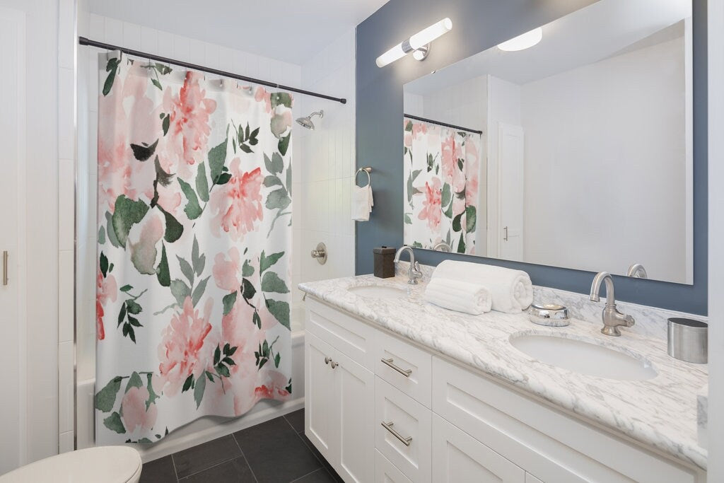 Pink Shower Curtain, Watercolor Flower, Pink Bathroom, Floral Bathroom, Pink Floral, Botanical Bathroom, Plant Shower Curtain, Floral Shower