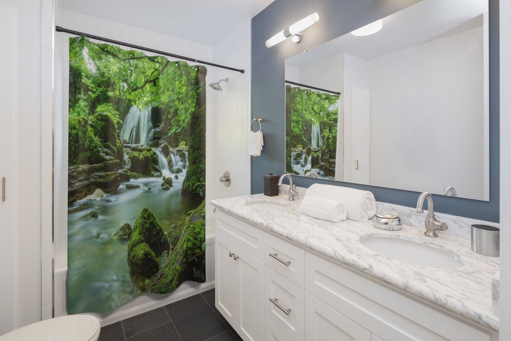 Green Shower Curtain, Green Bathroom, Tropical Bathroom, Waterfall Curtain, Jungle Bathroom, Waterfall Photo, Green Nature, Nature Bathroom