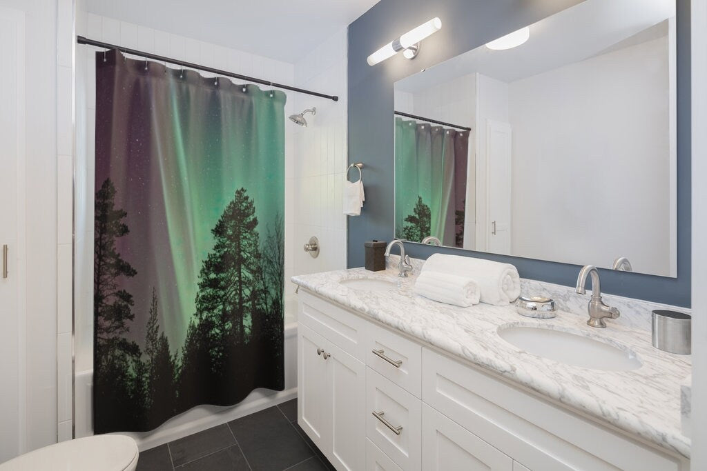 Northern Lights, Aurora Borealis, Nature Bathroom, Night Sky Shower Curtain, Forest Bathroom, Tree Shower Curtain, Green Shower Curtain