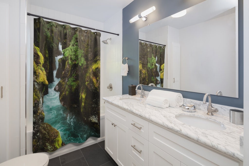 Nature Shower Curtain, Tropical Bathroom, Jungle Bathroom, Water Shower Curtain, Green Shower Curtain, Nature Bathroom, Tropical Curtain