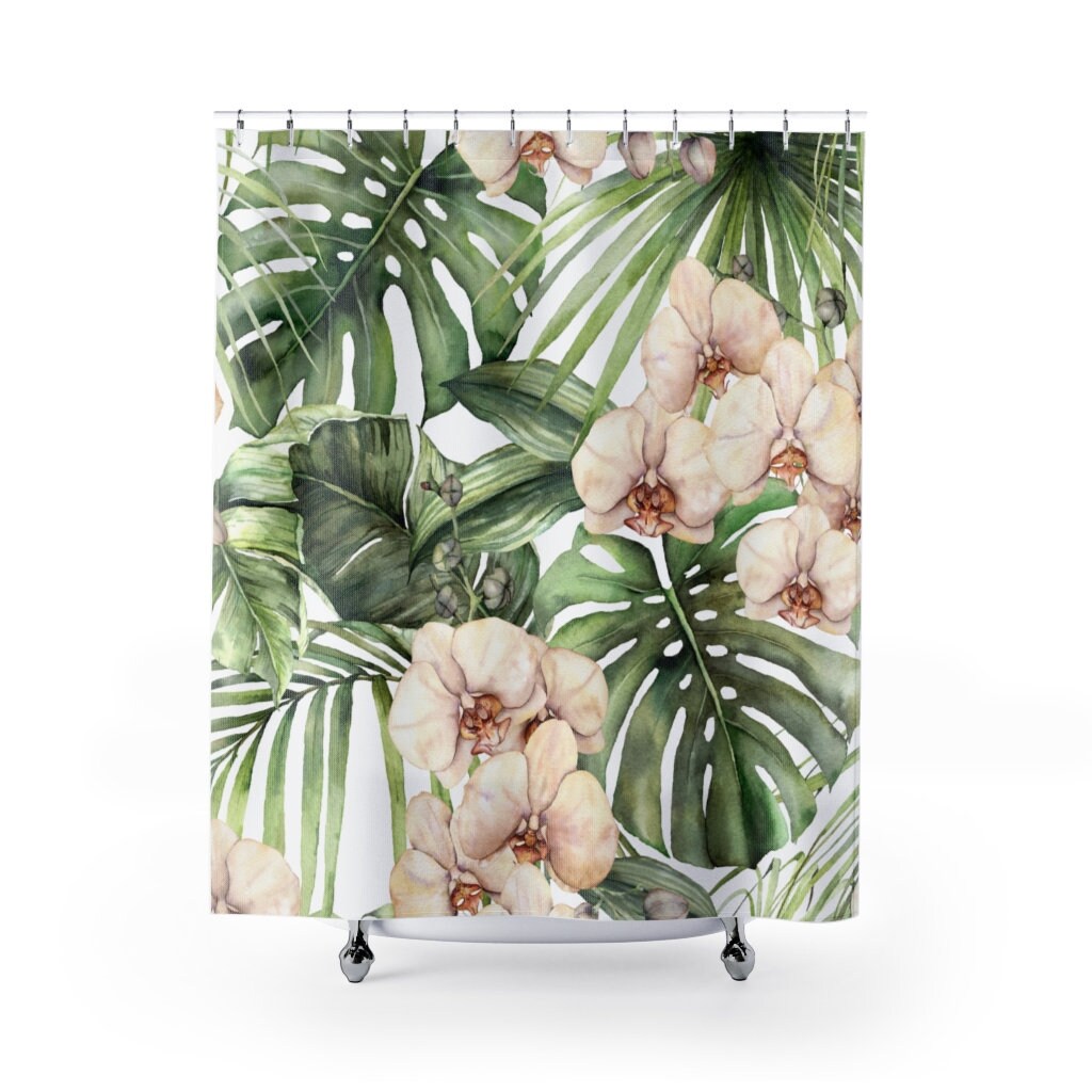 Tropical Shower Curtain, Monstera Decor, Tropical Bathroom, Plant Shower Curtain, Botanical Bathroom, Green Shower Curtain, Plant Bathroom