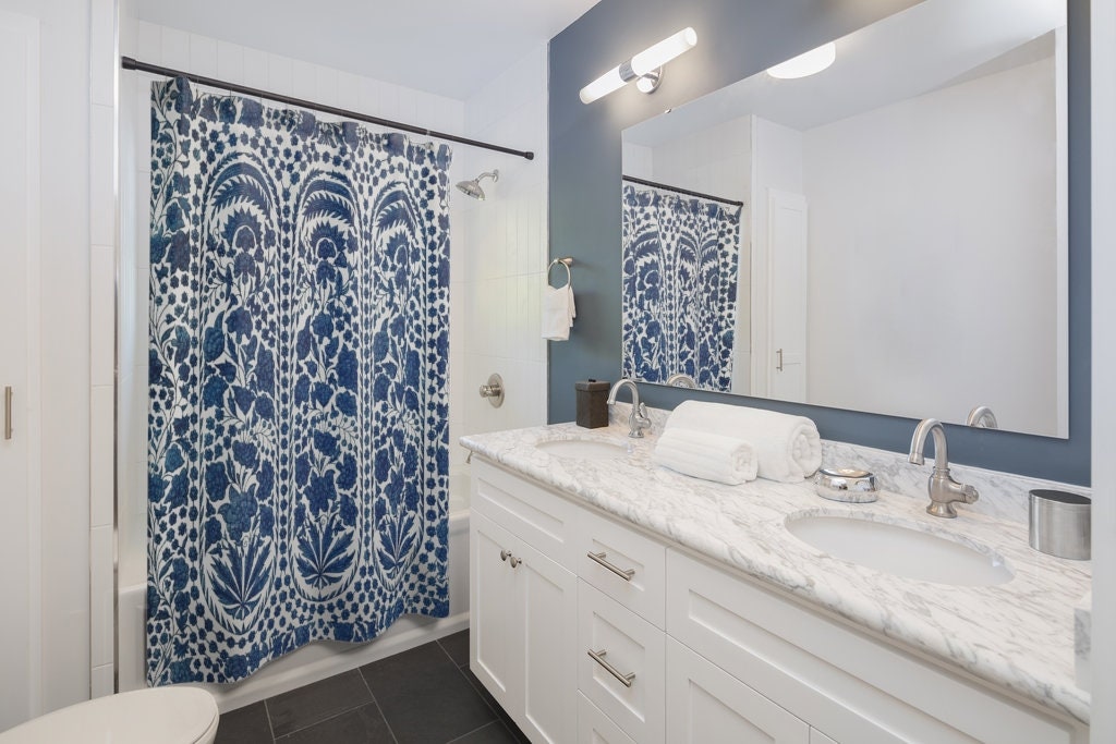 Blue Shower Curtain, Vintage Shower Curtain, Blue Bathroom, Fabric Shower Curtain, Blue White Bathroom, Fabric Shower Curtain, Blue Pattern