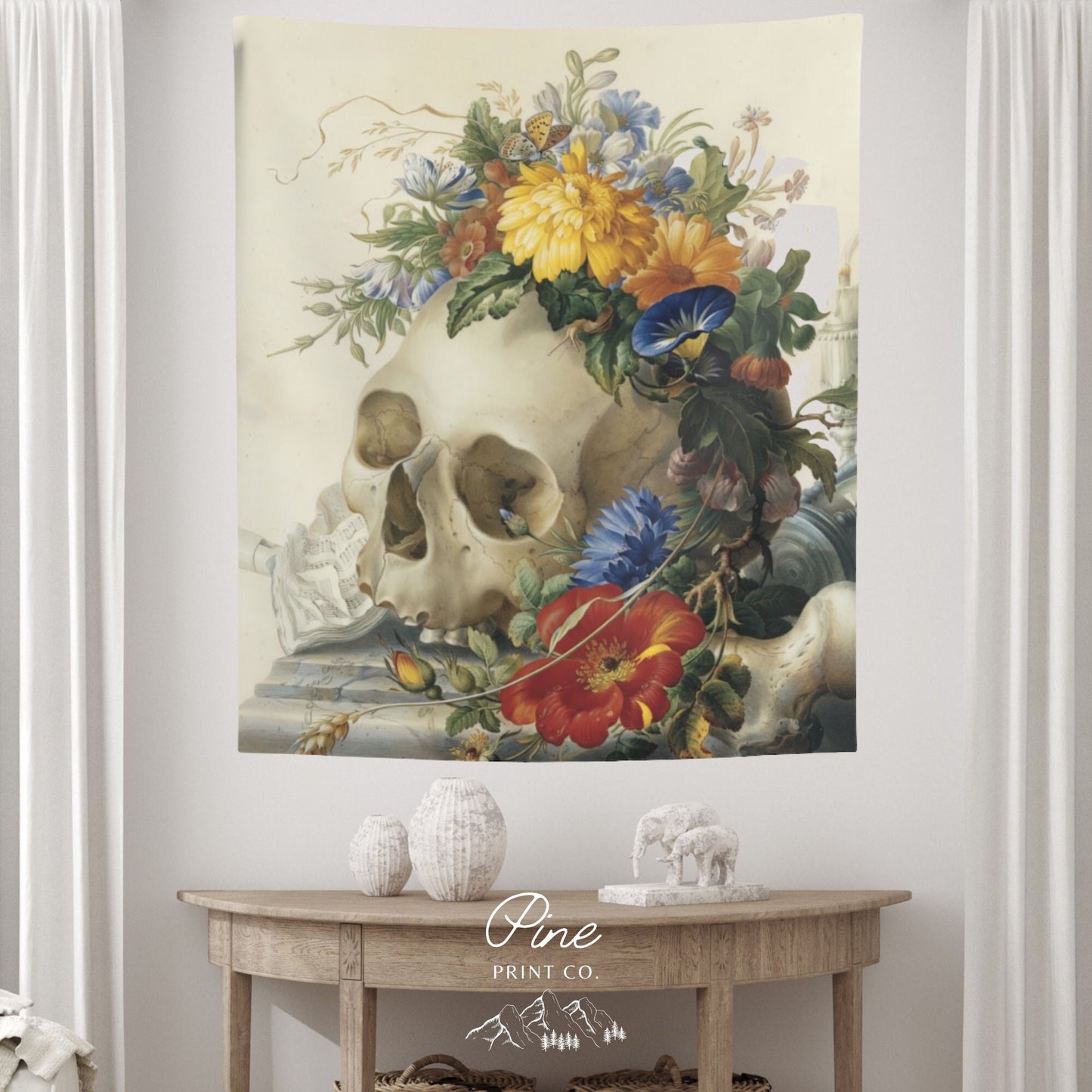 Vintage Floral Skull Painting Wall Tapestry