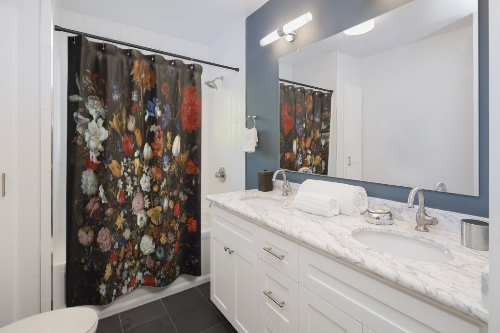 Black Shower Curtain, Black Bathroom, Flower Bathroom, Vintage Bathroom, Flower Shower Curtain, Art Shower Curtain, Bathroom Curtain