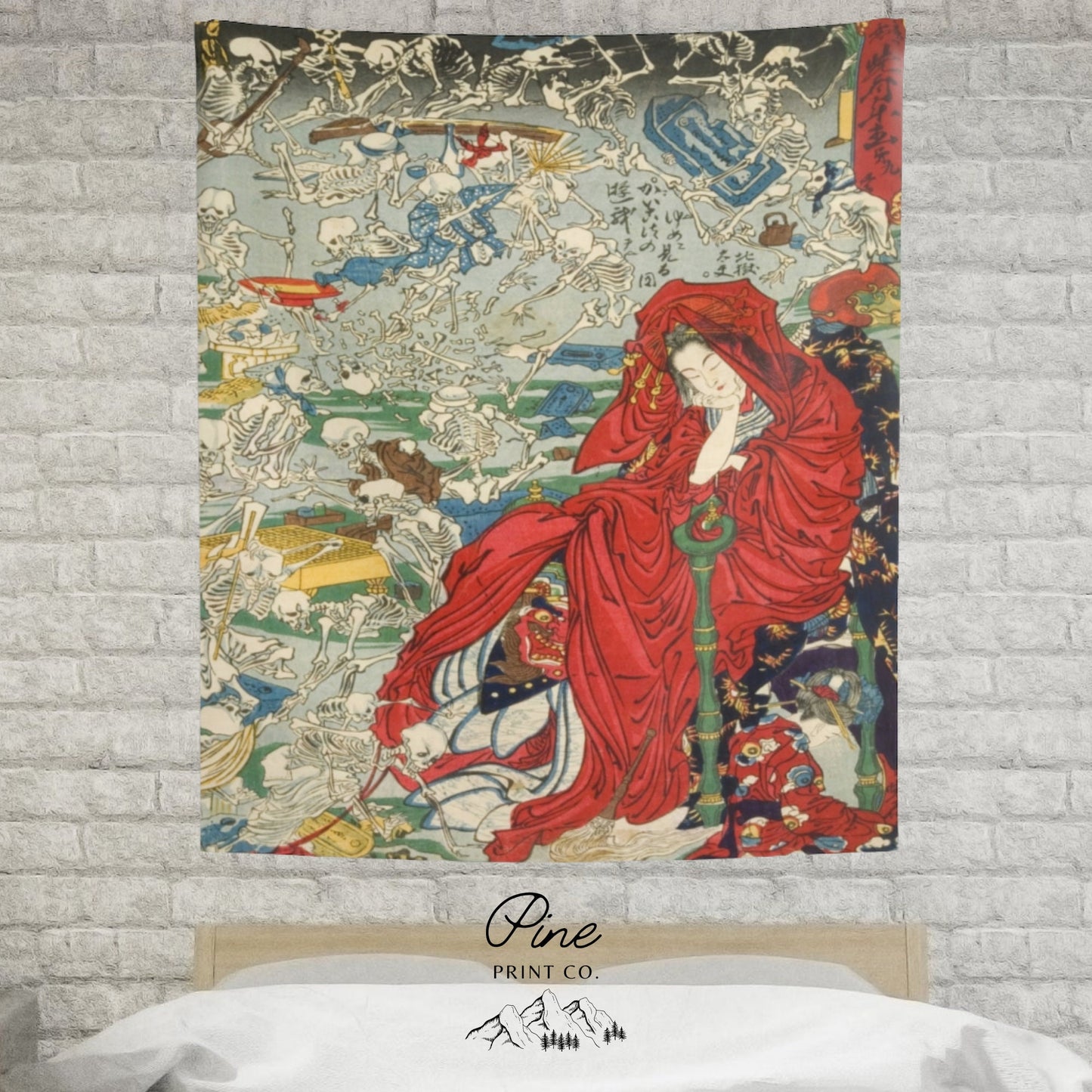 Japanese Red Kawanabe Kyosai Wall Tapestry