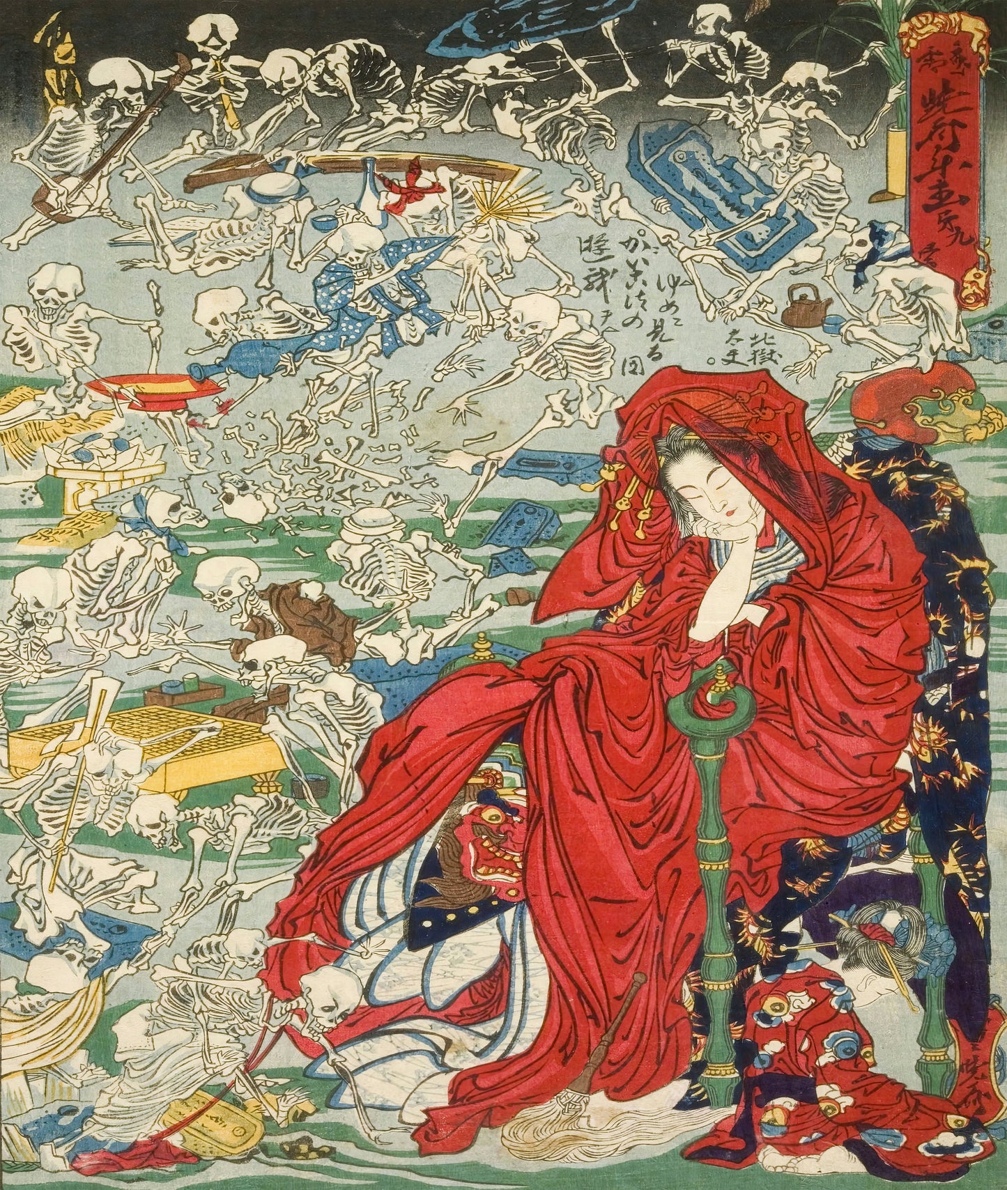 Japanese Red Kawanabe Kyosai Wall Tapestry