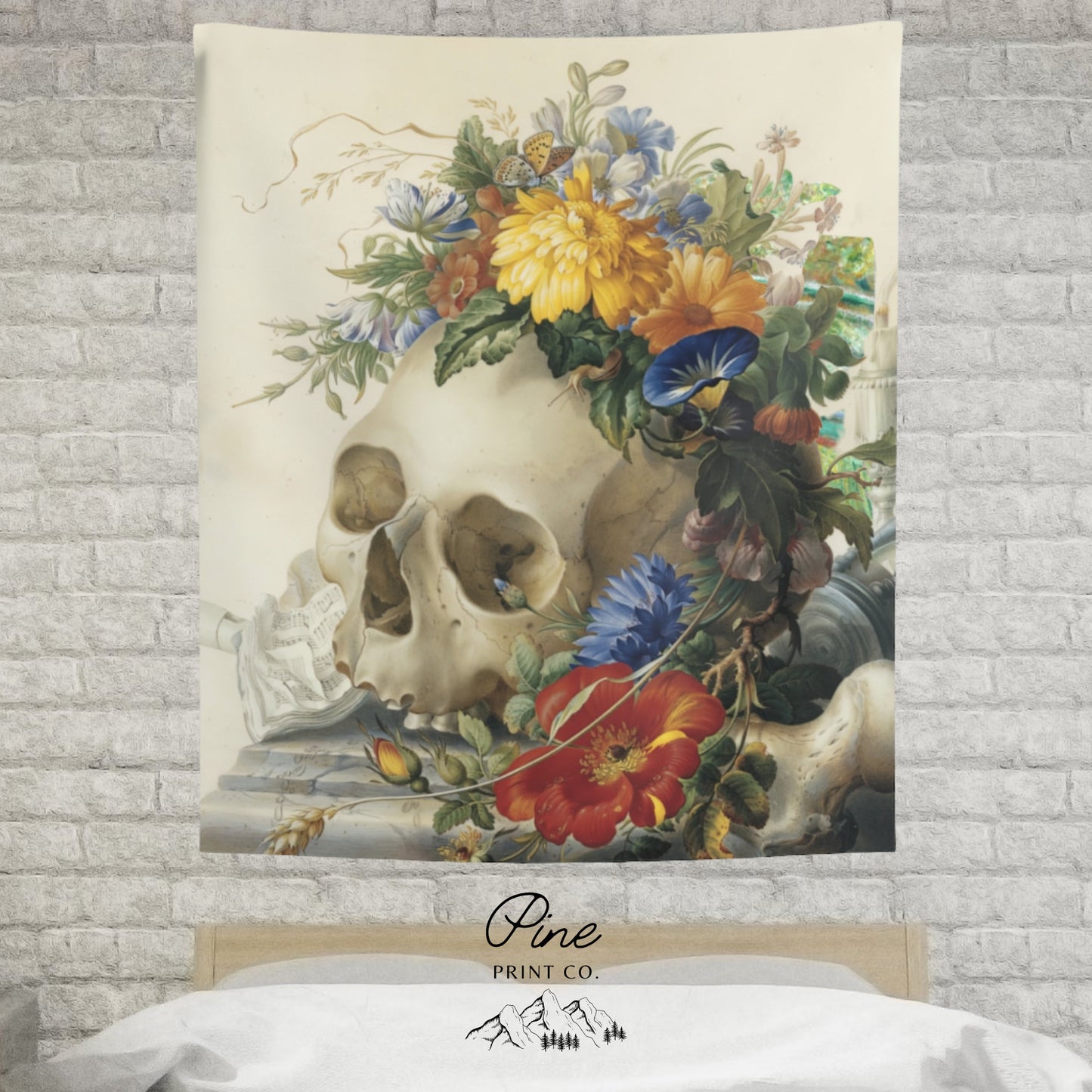 Vintage Floral Skull Painting Wall Tapestry