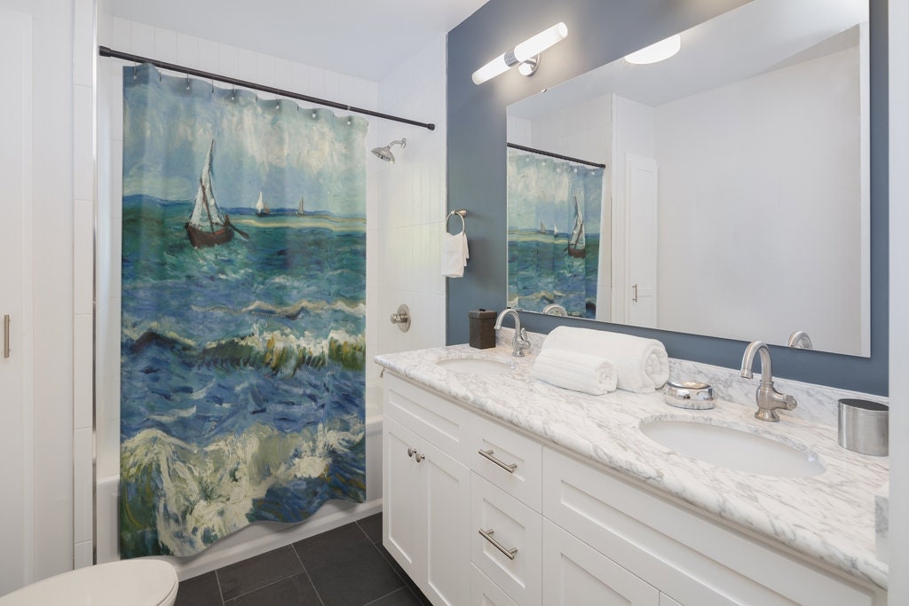 Sailboat Decor, Van Gogh Shower Curtain, Ocean Shower Curtain, Sailboat Bathroom, Ocean Bathroom, Van Gogh Painting, Blue Shower Curtain
