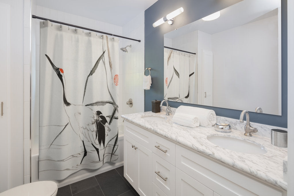 Crane Shower Curtain, White Shower Curtain, Japanese Bathroom, Bird Shower Curtain, Crane Art, Vintage Japan, Japanese Art, Asian Bathroom