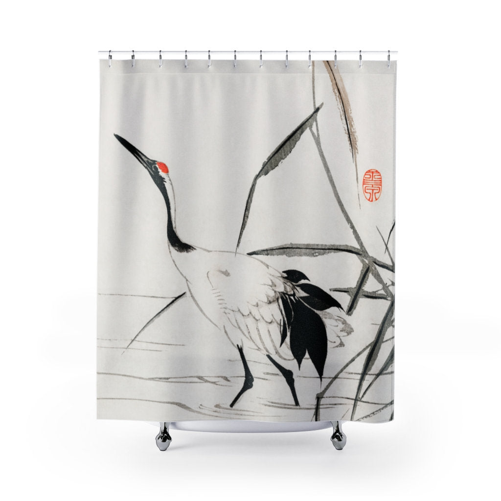 Crane Shower Curtain, White Shower Curtain, Japanese Bathroom, Bird Shower Curtain, Crane Art, Vintage Japan, Japanese Art, Asian Bathroom