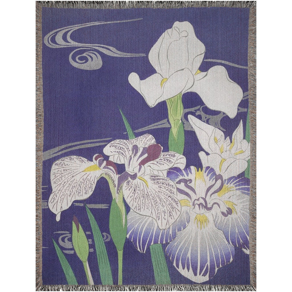 Floral Blanket, Woven Blanket, Blue Blanket, Irises, Kogyo Tsukioka, Japanese Throw, Nature Blanket, Vintage Floral, Japanese Blanket