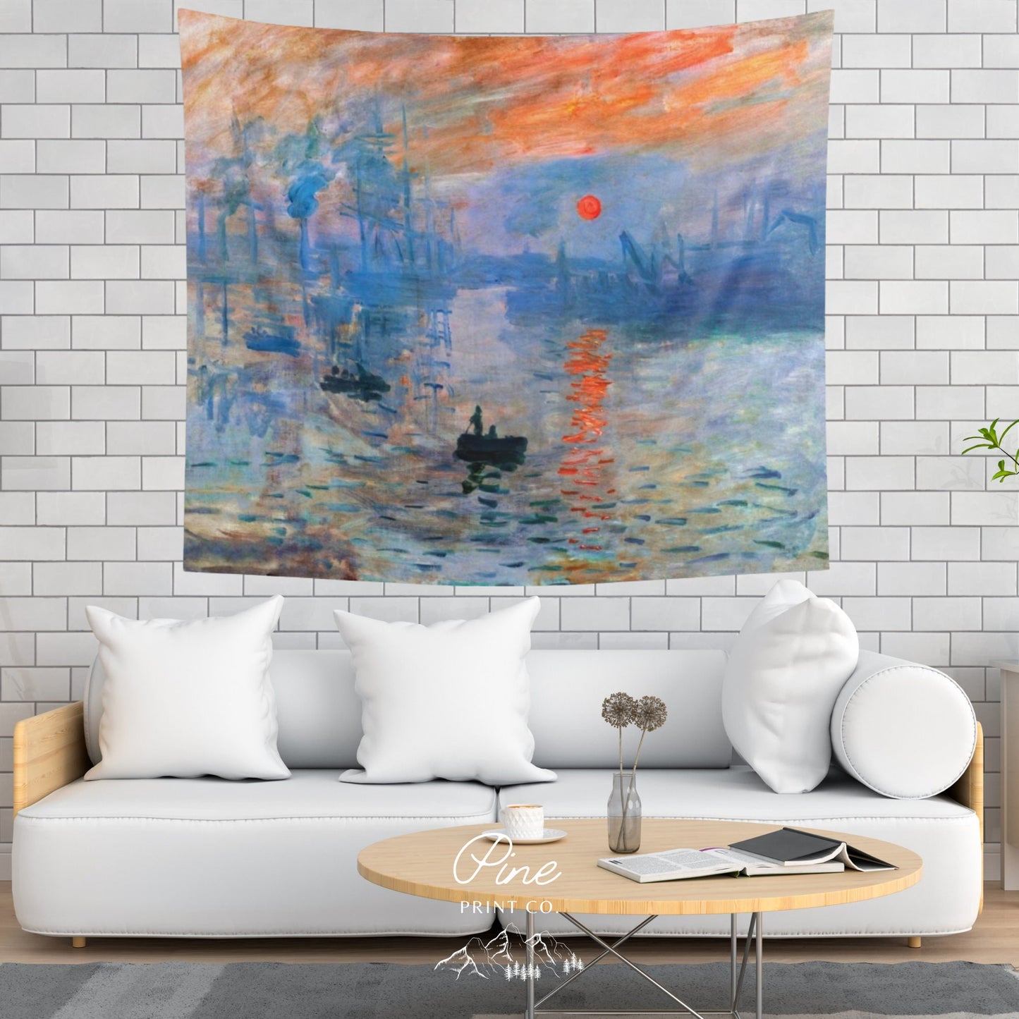 Claude Monet Ocean Sunset Boat Painting Orange Blue Wall Tapestry