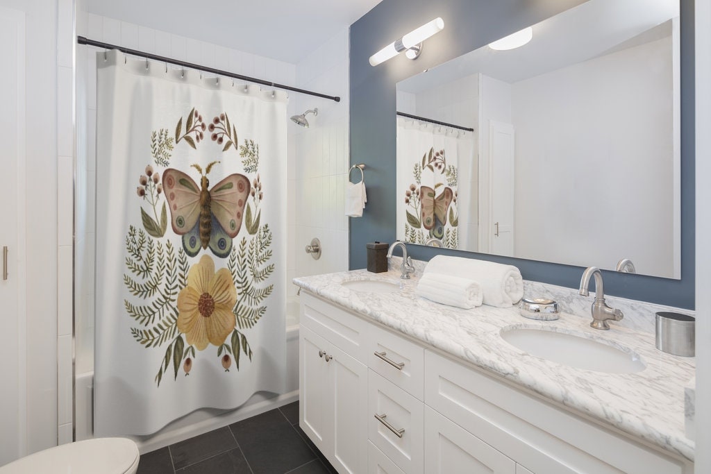 Moth Shower Curtain, Boho Shower Curtain, White Shower Curtain, Boho Bathroom, Botanical Decor, Plant Shower Curtain, Nature Decor