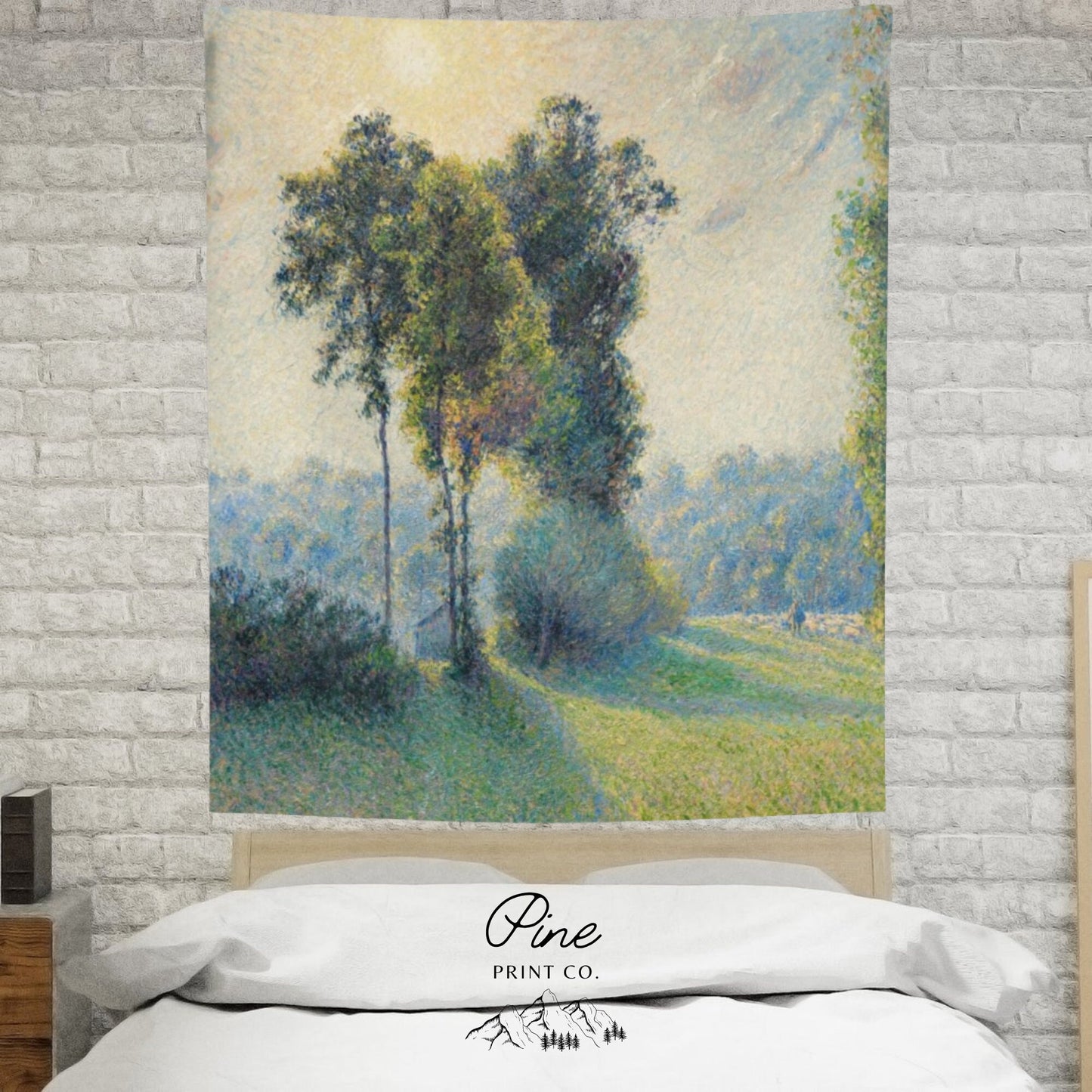 Vintage Tree Painting Camille Pissarro Green Vintage Fine Art Botanical Tapestry