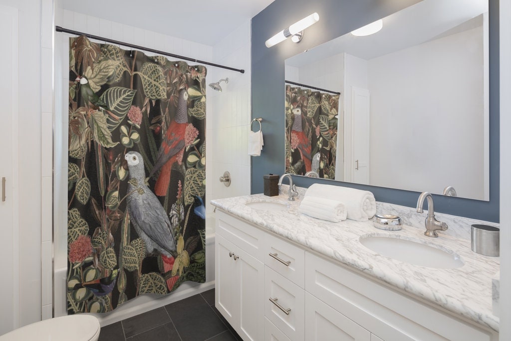 Bird Shower Curtain, Bird Decor, Parrot Decor, Jungle Decor, Black Shower Curtain, Plant Shower Curtain, Tropical Bathroom, Bird Bathroom