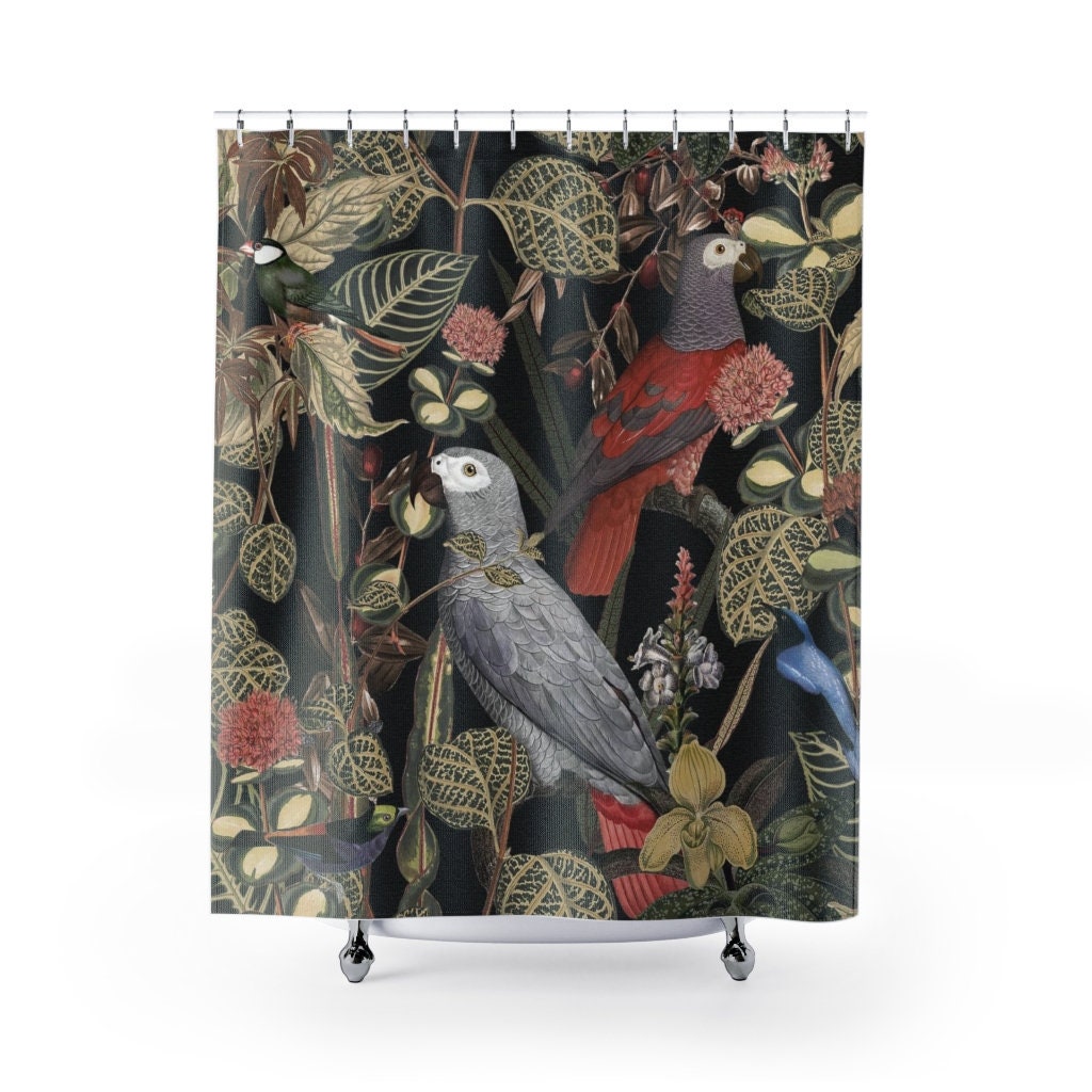 Bird Shower Curtain, Bird Decor, Parrot Decor, Jungle Decor, Black Shower Curtain, Plant Shower Curtain, Tropical Bathroom, Bird Bathroom
