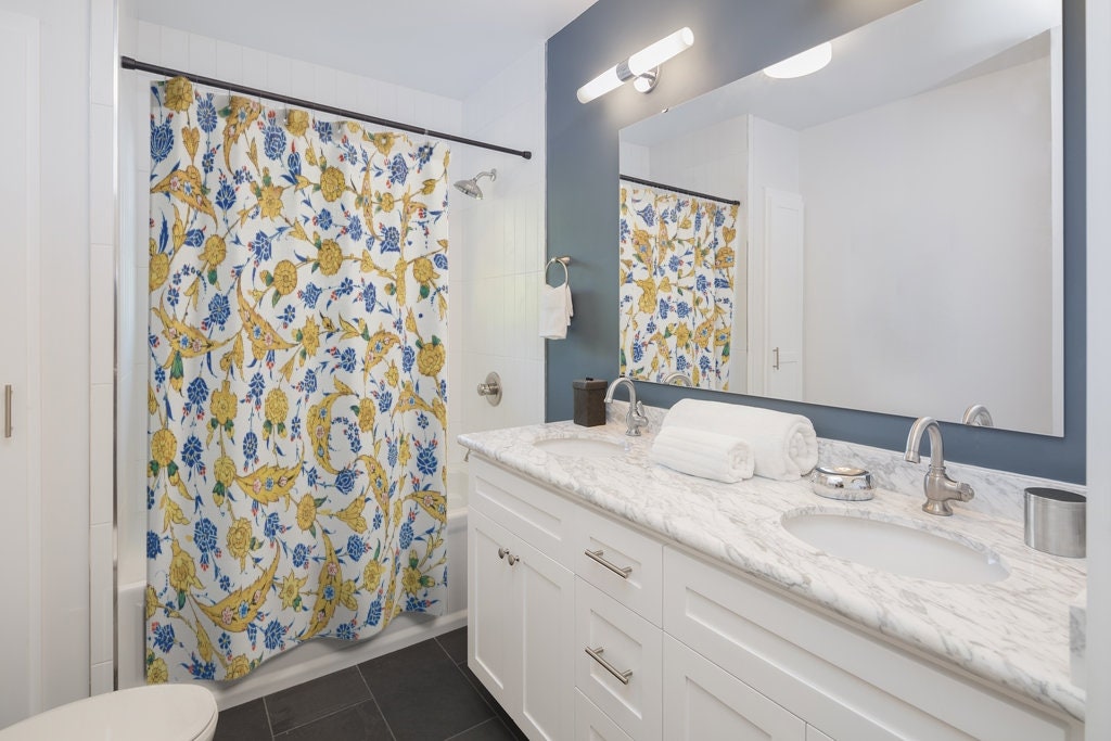 Yellow Shower Curtain, Turkish Pattern, Islamic Pattern, Arabic Decor, Blue Shower Curtain, Gold Shower Curatin, Boho Shower Curtain