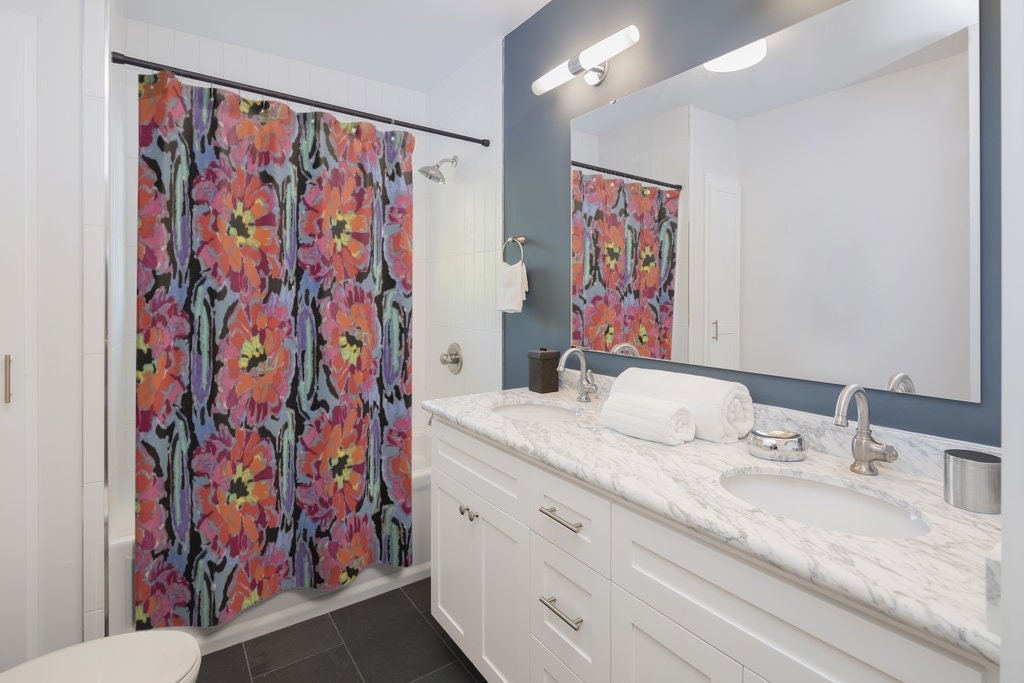 Floral Shower Curtain, Colorful Bathroom, Art Shower Curtain, Rainbow Curtain, Floral Bathroom, Art Deco, Pink Shower, Floral Curtain