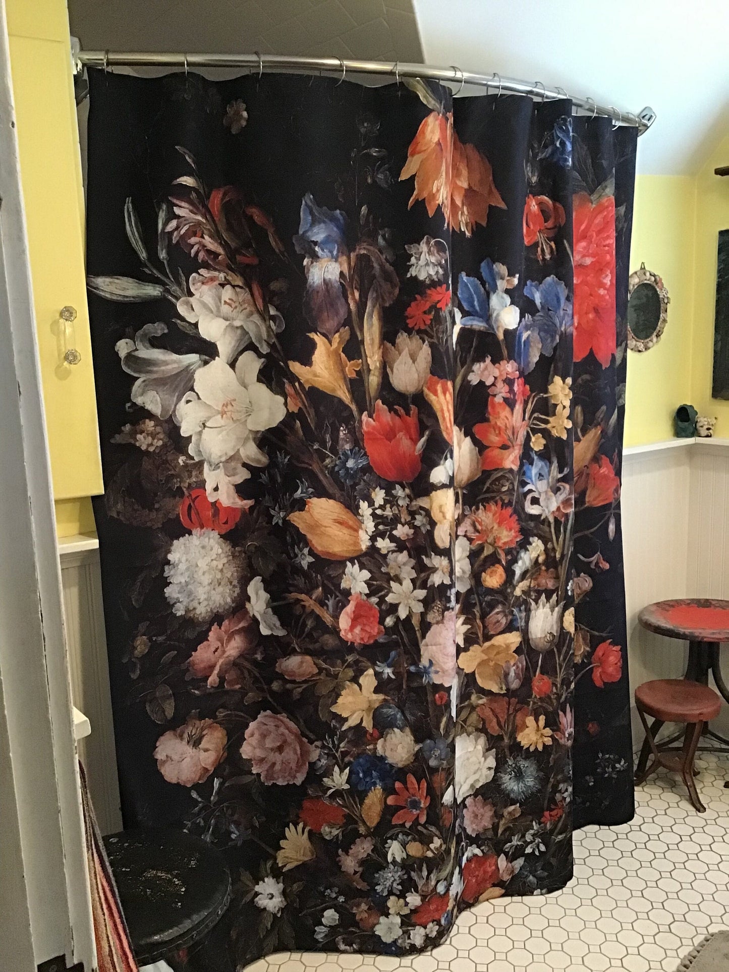 Black Shower Curtain, Black Bathroom, Flower Bathroom, Vintage Bathroom, Flower Shower Curtain, Art Shower Curtain, Bathroom Curtain