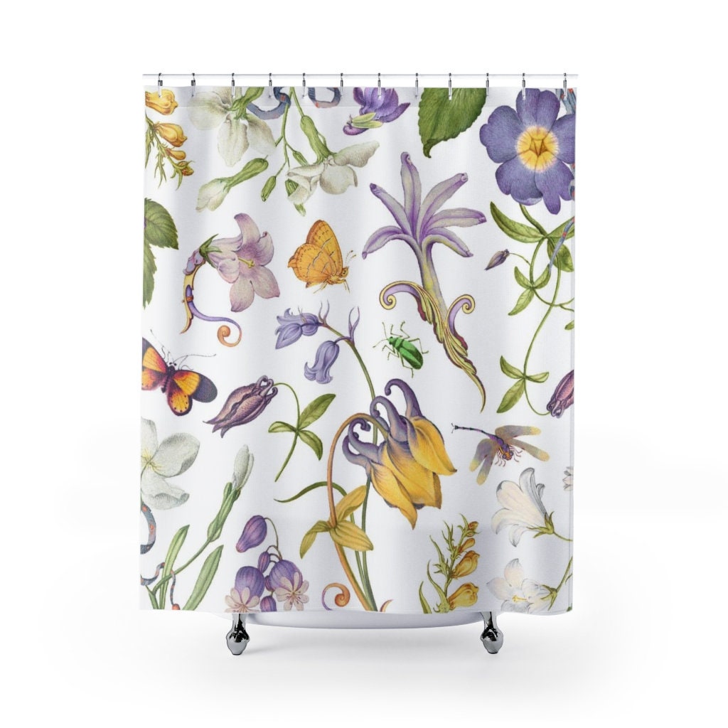 Purple Shower Curtain, Yellow Shower Curtain, Plant Shower Curtain, Butterfly Decor, Floral Shower Curtain, Purple Bathroom, Nature Bathroom