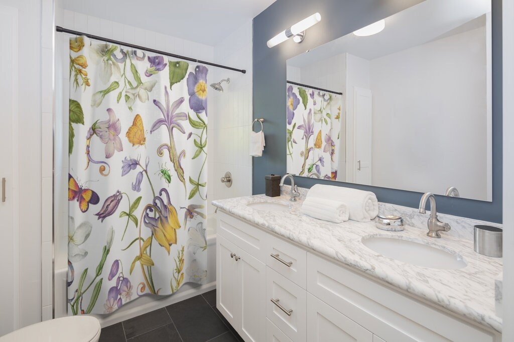 Purple Shower Curtain, Yellow Shower Curtain, Plant Shower Curtain, Butterfly Decor, Floral Shower Curtain, Purple Bathroom, Nature Bathroom