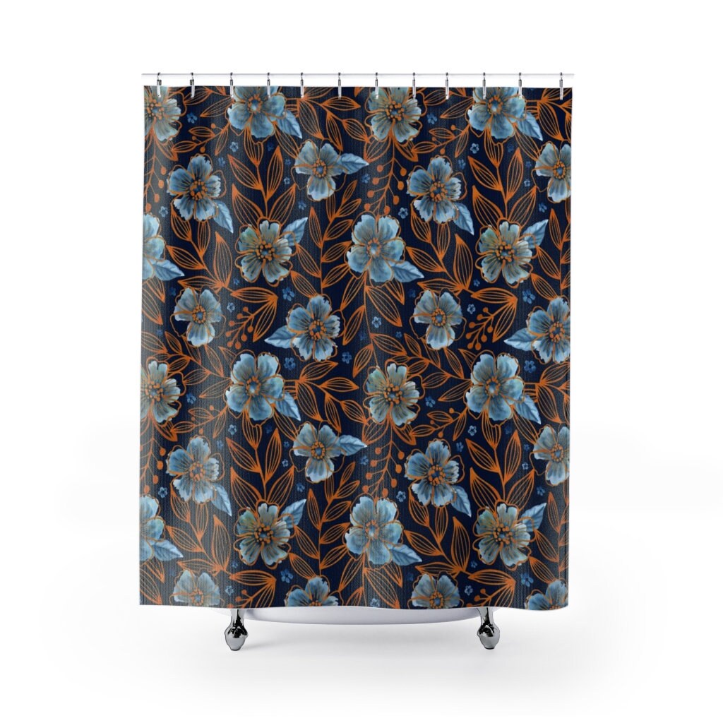 Blue Shower Curtain, Orange Flower, Blue Bathroom, Floral Shower Curtain, Nature Bathroom, Botanical Decor, Blue Flowers, Floral Bathroom