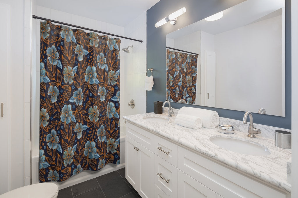 Blue Shower Curtain, Orange Flower, Blue Bathroom, Floral Shower Curtain, Nature Bathroom, Botanical Decor, Blue Flowers, Floral Bathroom