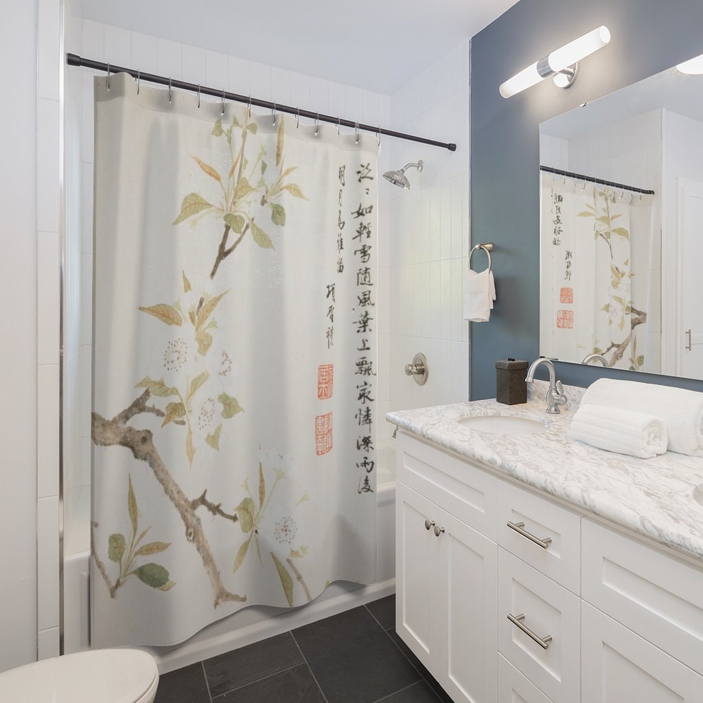 White Shower Curtain, Asian Shower Curtain, White Flowers, Asian Decor, Chinese Decor, White Bathroom, Botanical Decor, Chinese Bathroom