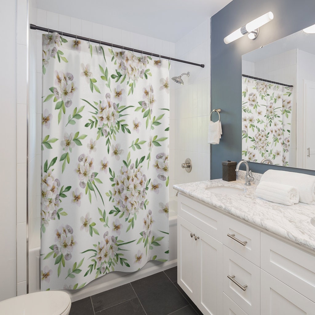 White Shower Curtain, Nature Shower Curtain, Flower Bathroom, Botanical Bathroom, Plant Shower Curtain, Boho Shower Curtain, White Bathroom
