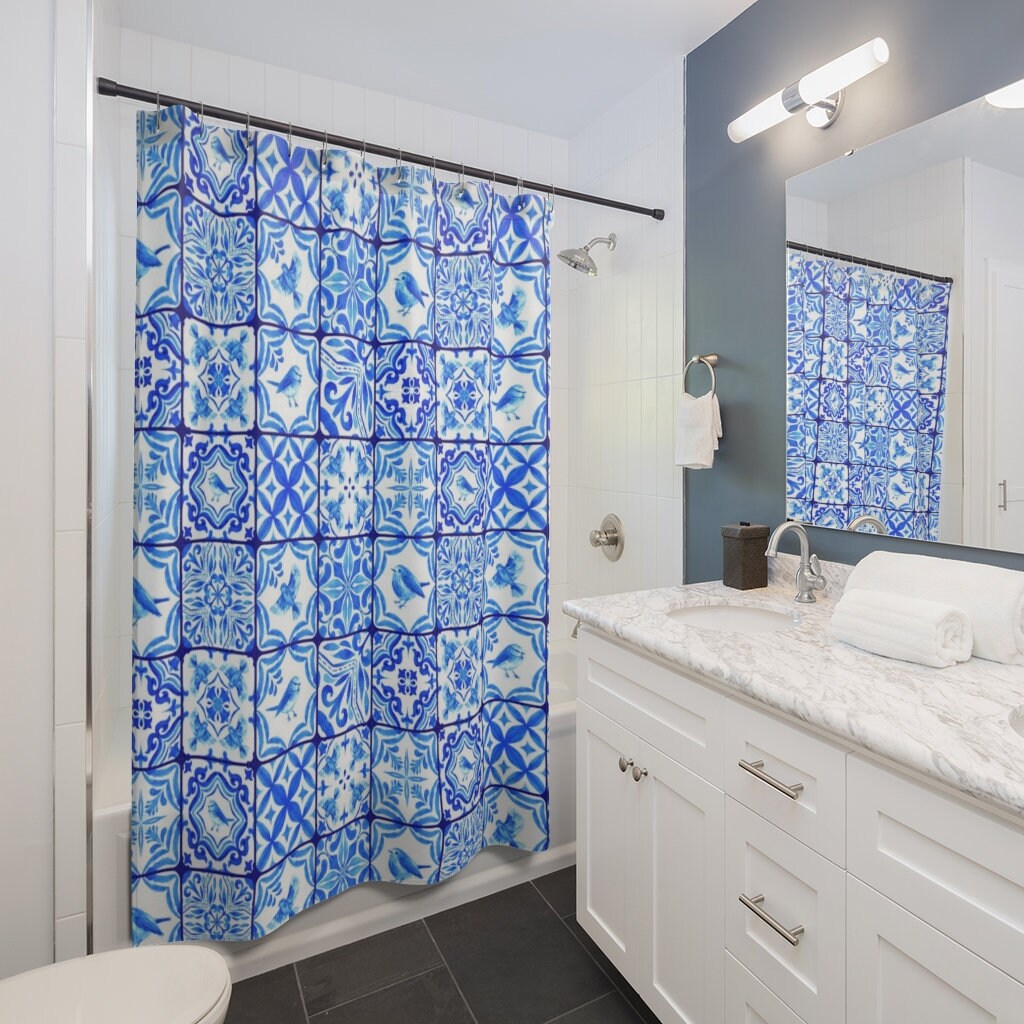 Blue Shower Curtain, White Shower Curtain, Bird Shower Curtain, Blue Tile Decor, Blue Bathroom, Bird Bathroom, Blue White Decor