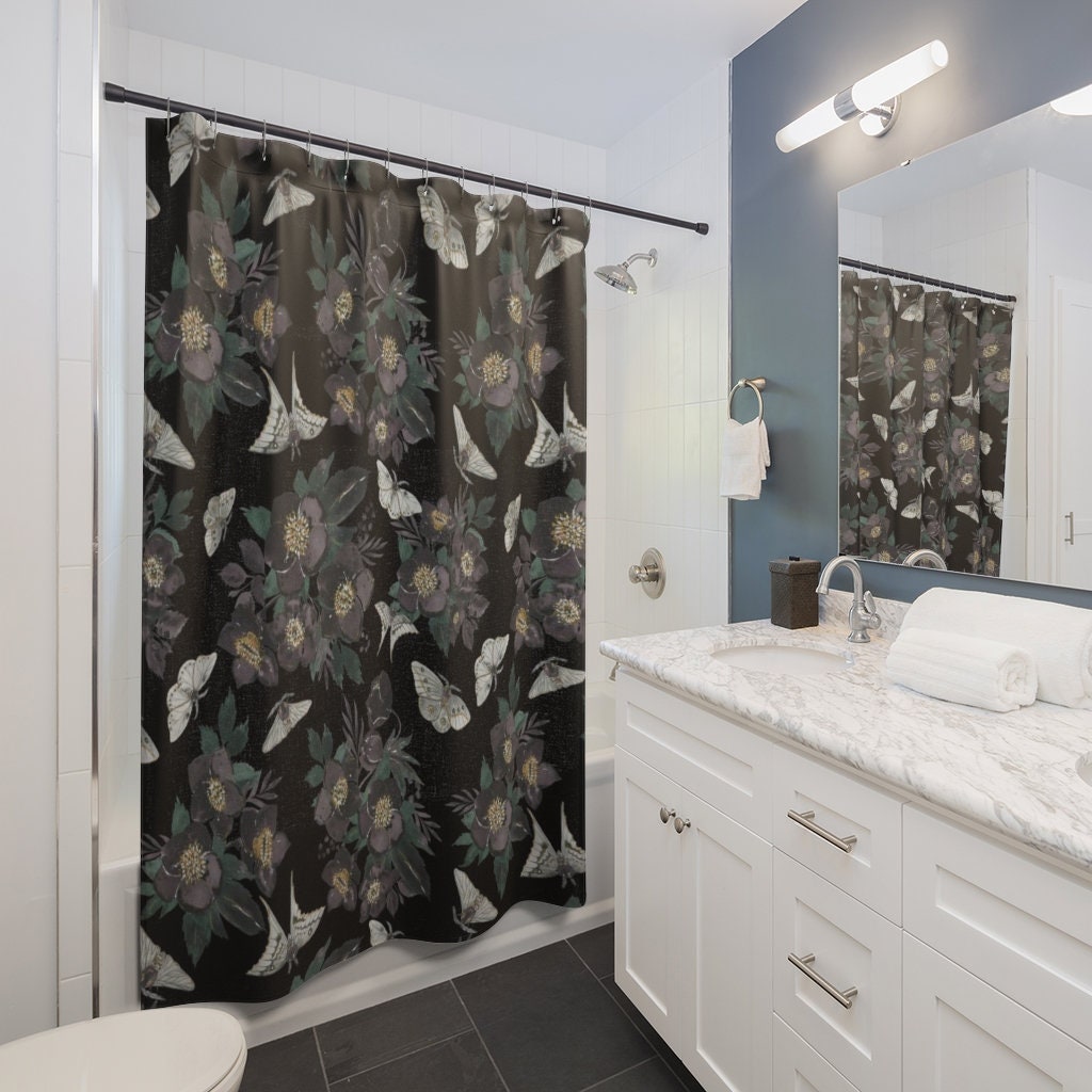 Black Shower Curtain, Moth Decor, Moth Shower Curtain, Nature Bathroom, Gothic Shower Curtain, Floral Shower Curtain, Gothic Bathroom