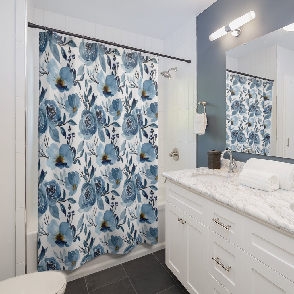 Blue Shower Curtain, Blue Bathroom, Blue Flowers, Blue Floral, Floral Shower Curtain, Blue Home Decor, Blue Nature, Floral Bathroom