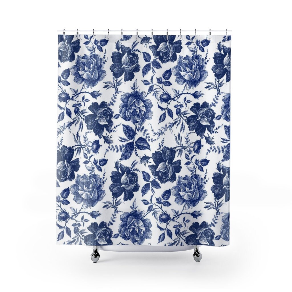 Blue Shower Curtain, Rose Shower Curtain, Blue White Curtain, Blue Floral, Botanical Bathroom, Blue Bathroom Decor, Floral Bathroom