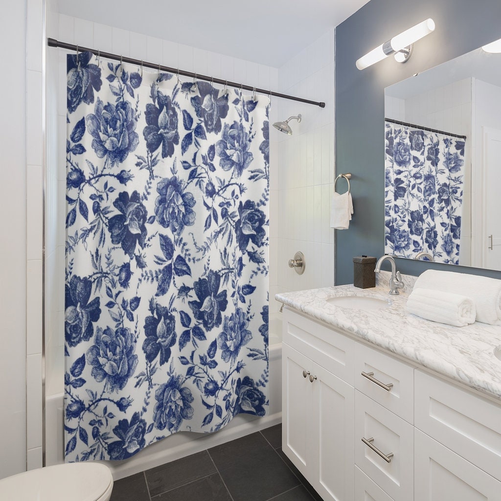 Blue Shower Curtain, Rose Shower Curtain, Blue White Curtain, Blue Floral, Botanical Bathroom, Blue Bathroom Decor, Floral Bathroom