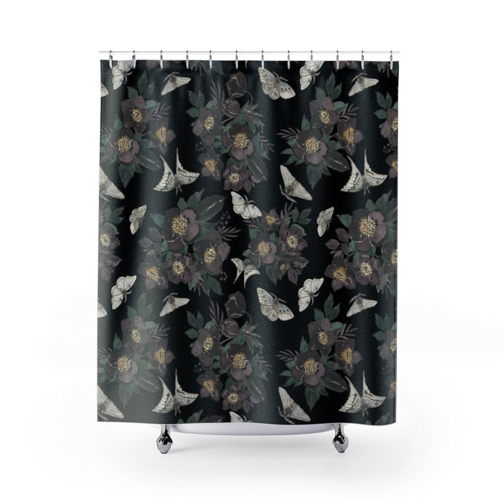 Black Shower Curtain, Moth Decor, Moth Shower Curtain, Nature Bathroom, Gothic Shower Curtain, Floral Shower Curtain, Gothic Bathroom