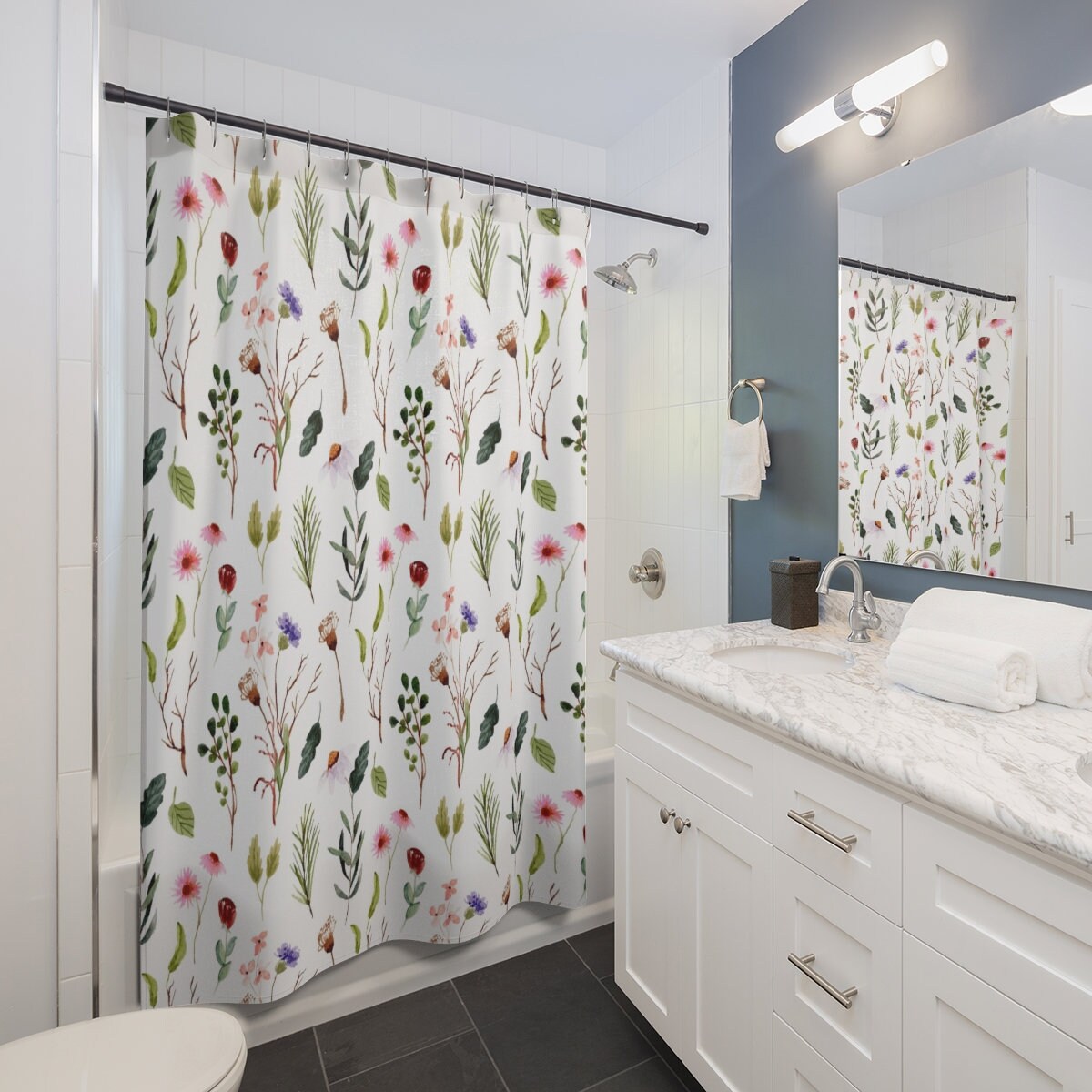 White Shower Curtain, Floral Shower Curtain, Plant Shower Curtain, Flower Bathroom, White Bathroom, Pink Flowers, Floral Home Decor