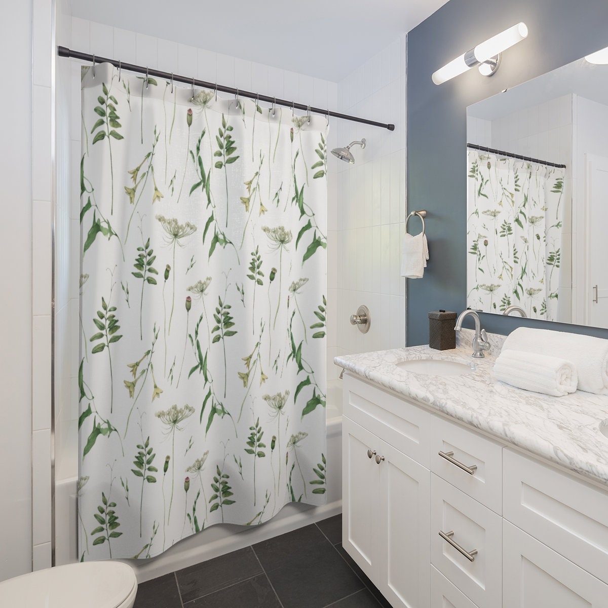 White Shower Curtain, Plant Shower Curtain, Green Shower Curtain, White Bathroom, Plant Bathroom, Nature Bathroom, Botanical Decor