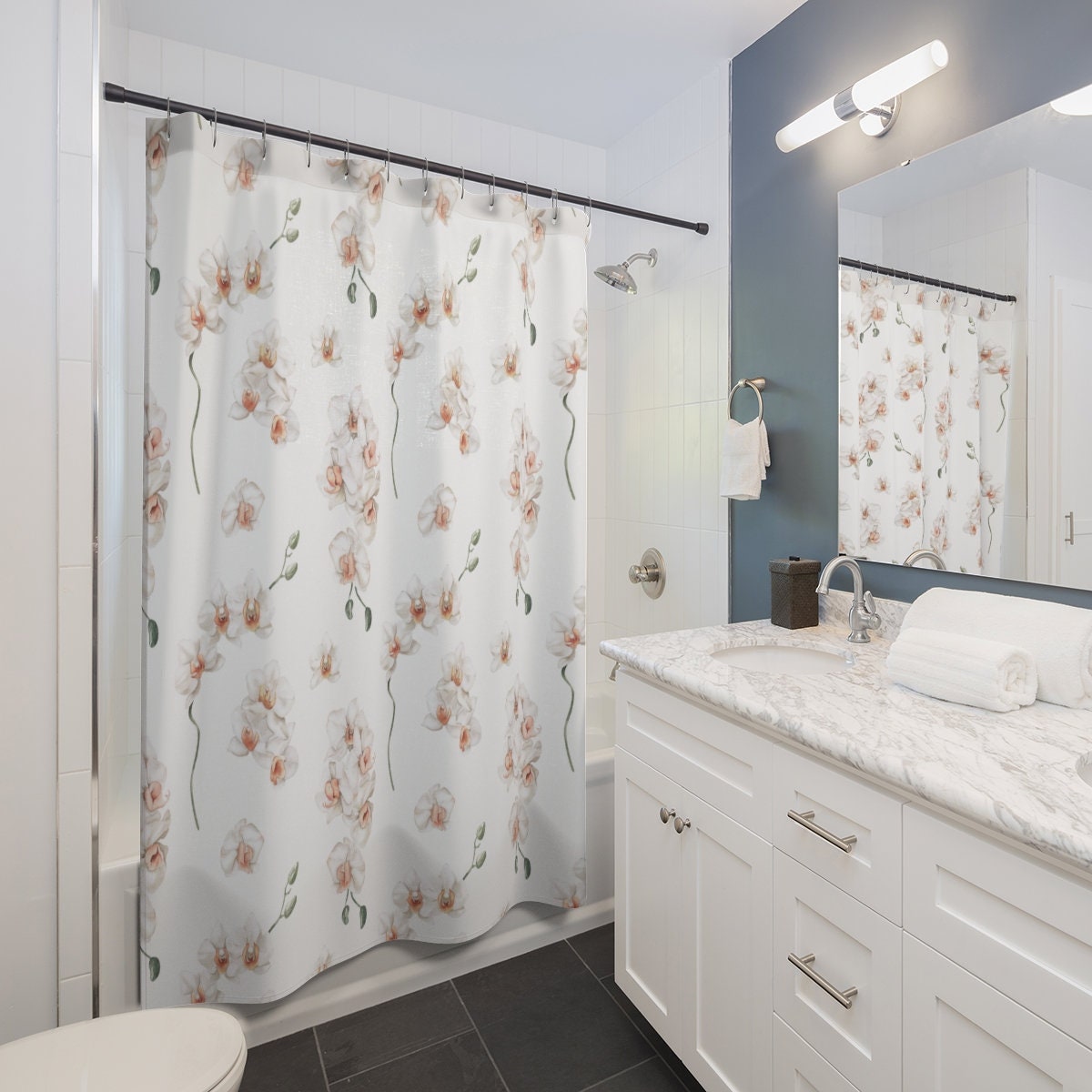 White Shower Curtain, Floral Shower Curtain, Plant Shower Curtain, Flower Bathroom, White Bathroom, Orchid Decor, White Orchids