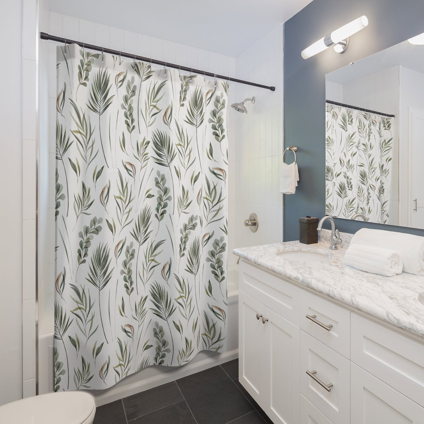 Plant Shower Curtain, Tropical Bathroom, Green Shower Curtain, White Shower Curtain, Nature Bathroom, Botanical Decor, Plant Watercolor