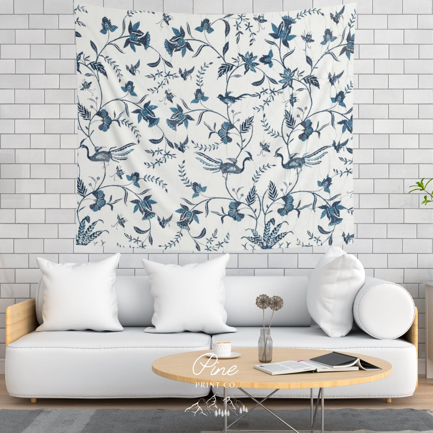 Blue White Indonesian Folk Vintage Fine Art Tapestry